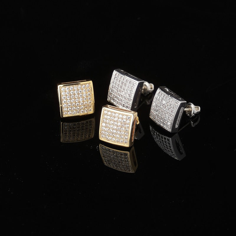 Square Zircon Earrings Real Gold Hip-Hop Style