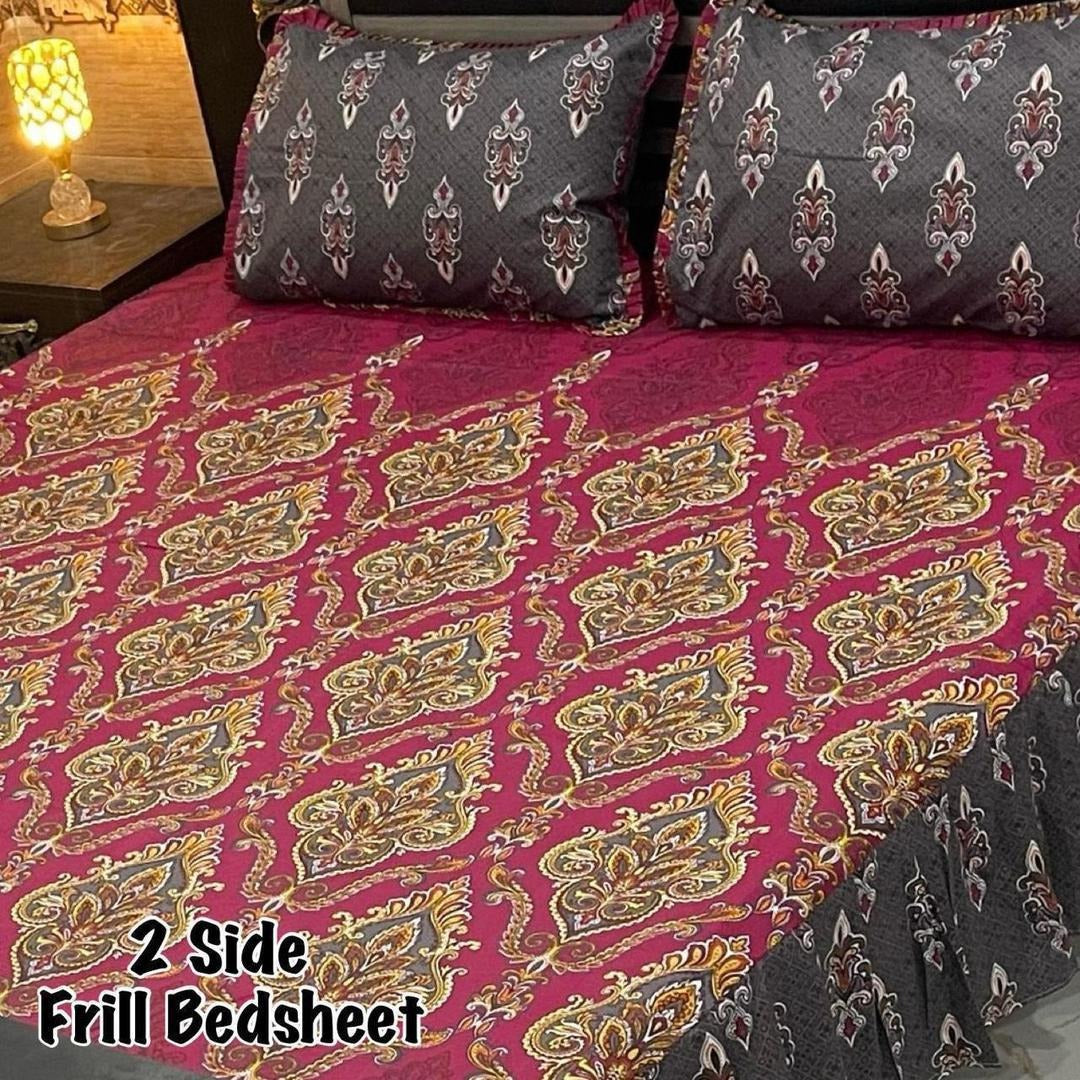 King Size Double Bedsheet Set Multicolor Frill Mix Cotton