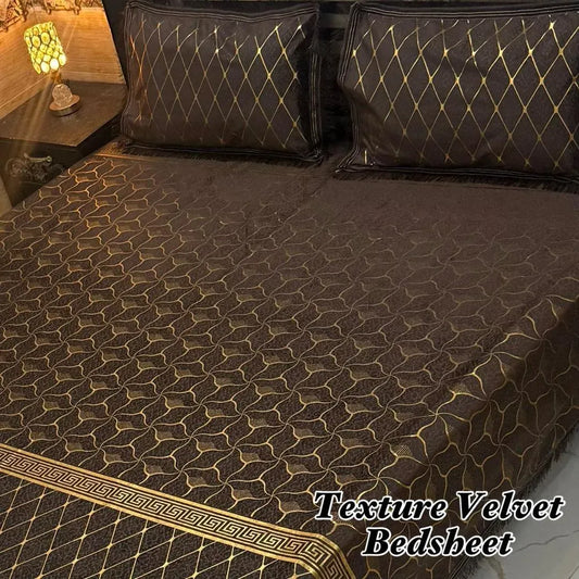 Luxury Velvet Textured Bedsheet Set Grey Gold Double Bed