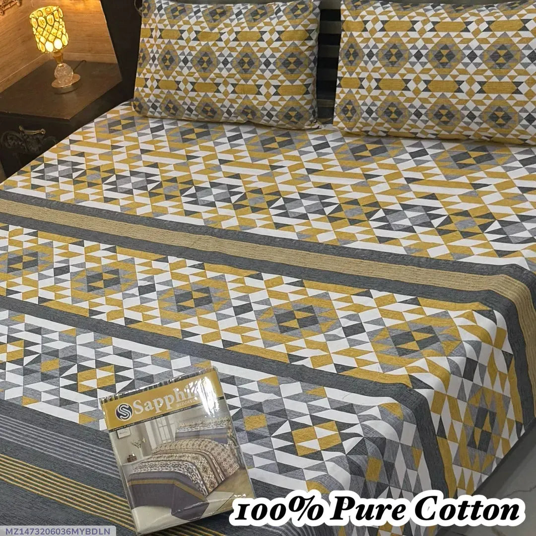 100% Pure Cotton Double Bedsheet Set Yellow 3 Pcs