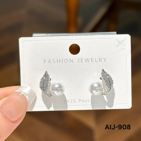 Korean Leaf Pearl Earrings Silver Gold Post Back