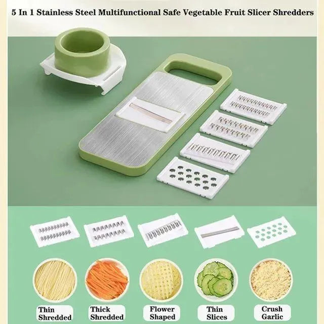 5-in-1 Stainless Steel Vegetable Slicer Green Compact Kitchen Tool