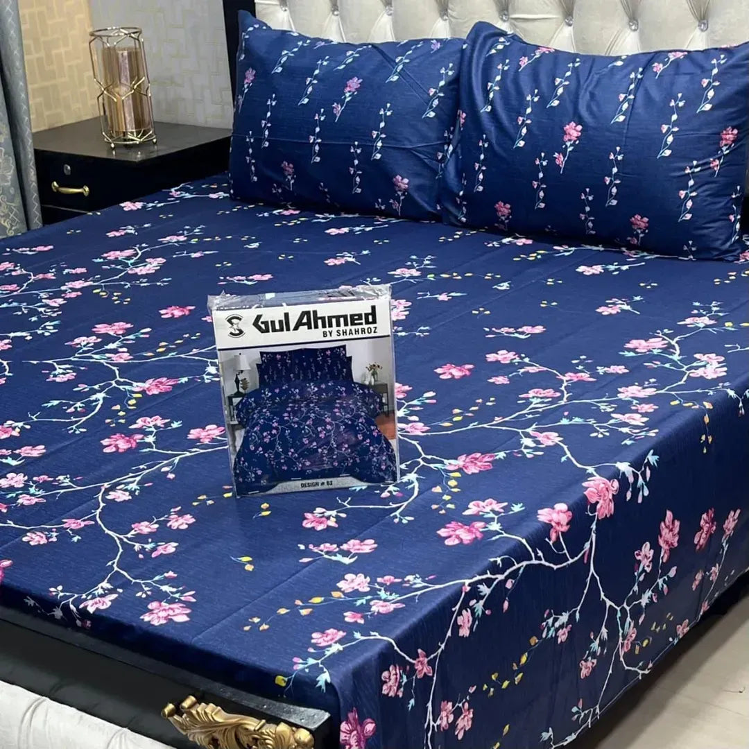 Cotton Printed Blue Double Bedsheet Set 3 Pcs