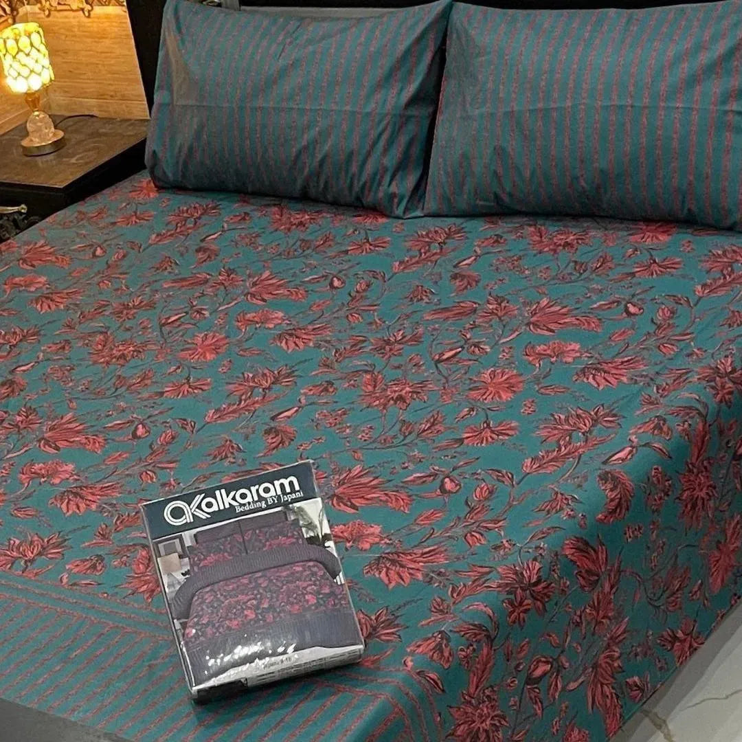 Double Bed Cotton Salonica Printed Set Green Red Floral