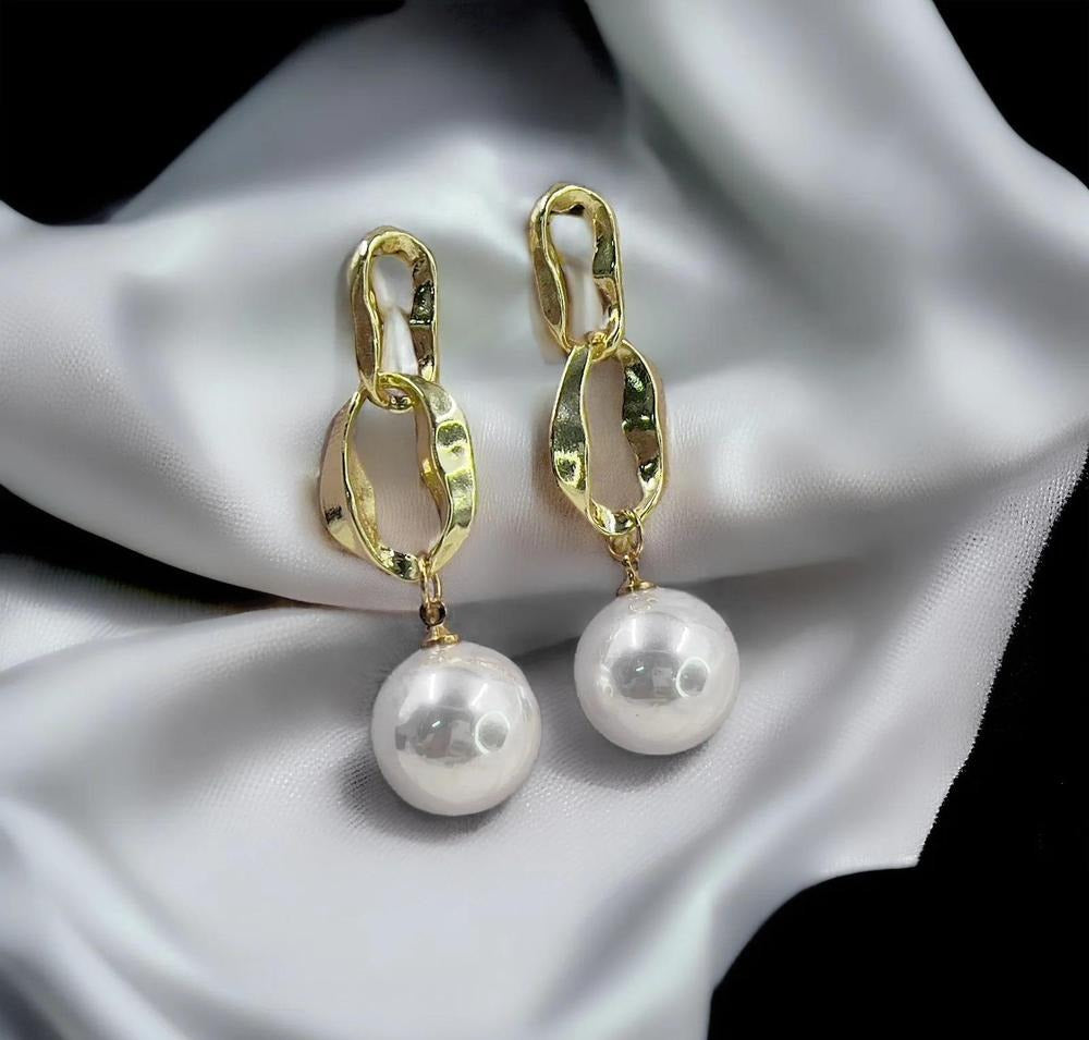 Pearl Drop Chain Earrings Gold Tone for Women