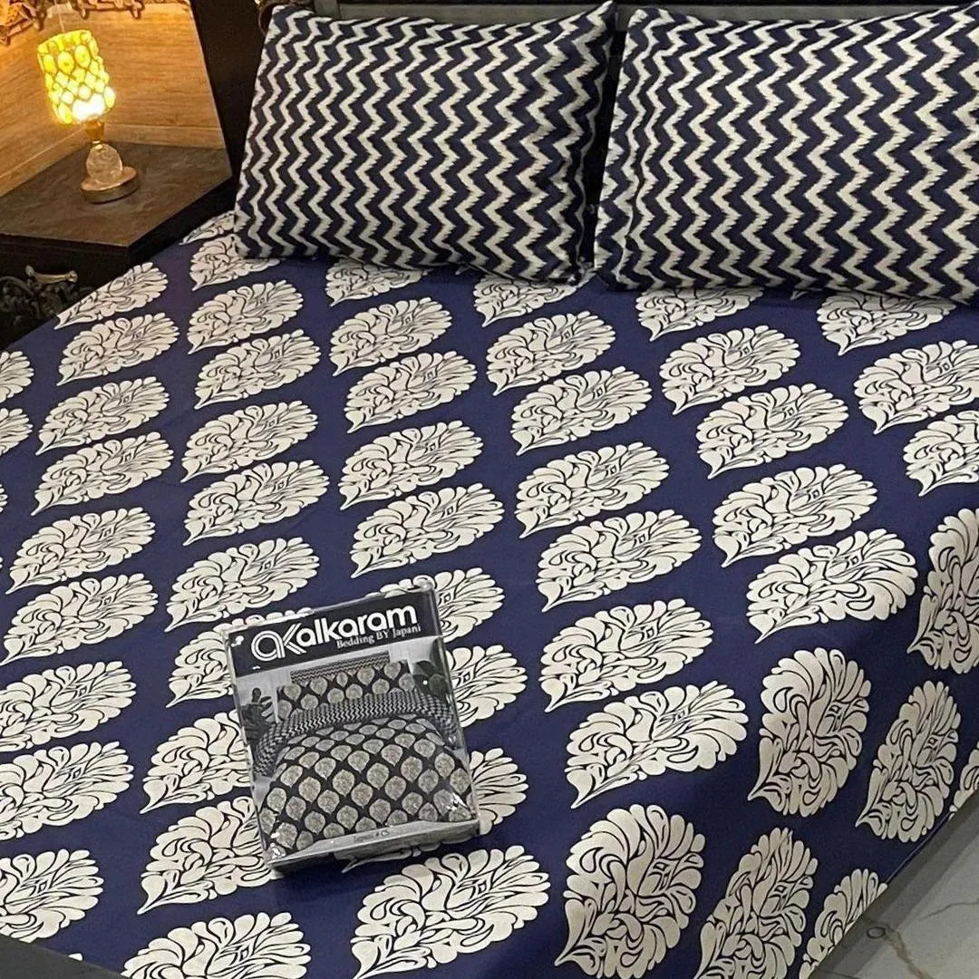 Double Bedsheet Set Blue Floral Cotton 3Pc Mix Cotton