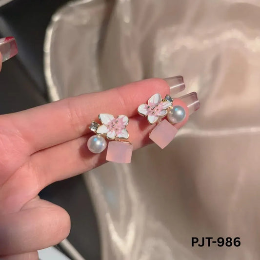 Women Floral Crystal Earrings Pink Blue Silver 2Pcs
