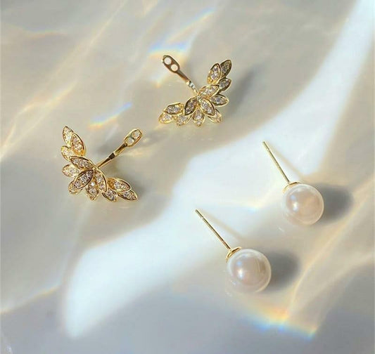 Butterfly & Pearl Earrings Gold Plated Lightweight Studs