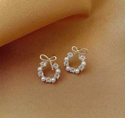 Golden Bow Earrings for Women with Crystals & Pearls