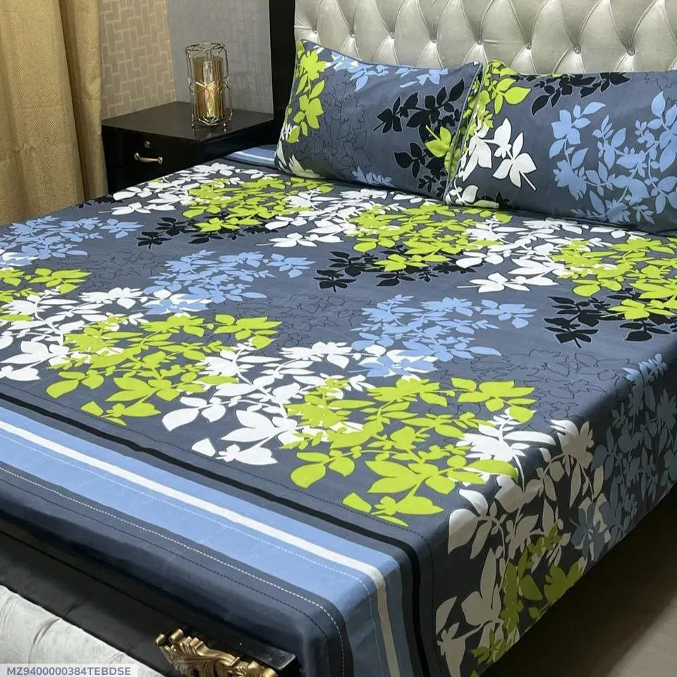 Crystal Cotton Printed Bedsheet Set Grey Double Bed 3 Pcs