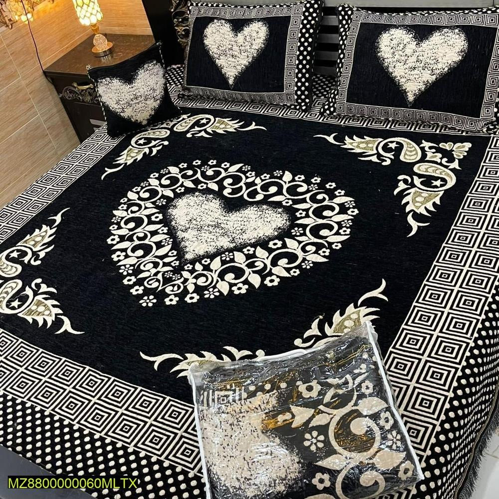 Velvet Jacquard Bed Sheet Set Black White Heart Floral Double