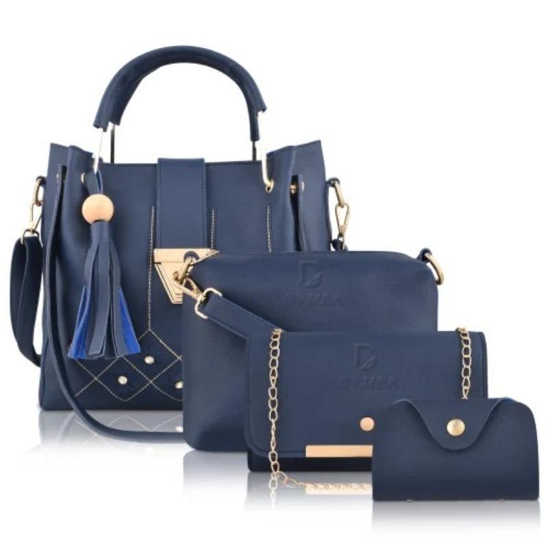 Women's Blue Gold PU Leather Shoulder Bag Set 5 Pcs