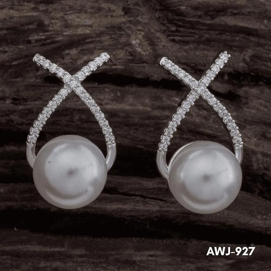 Cross Zircon Pearl Earrings Silver Gold Set