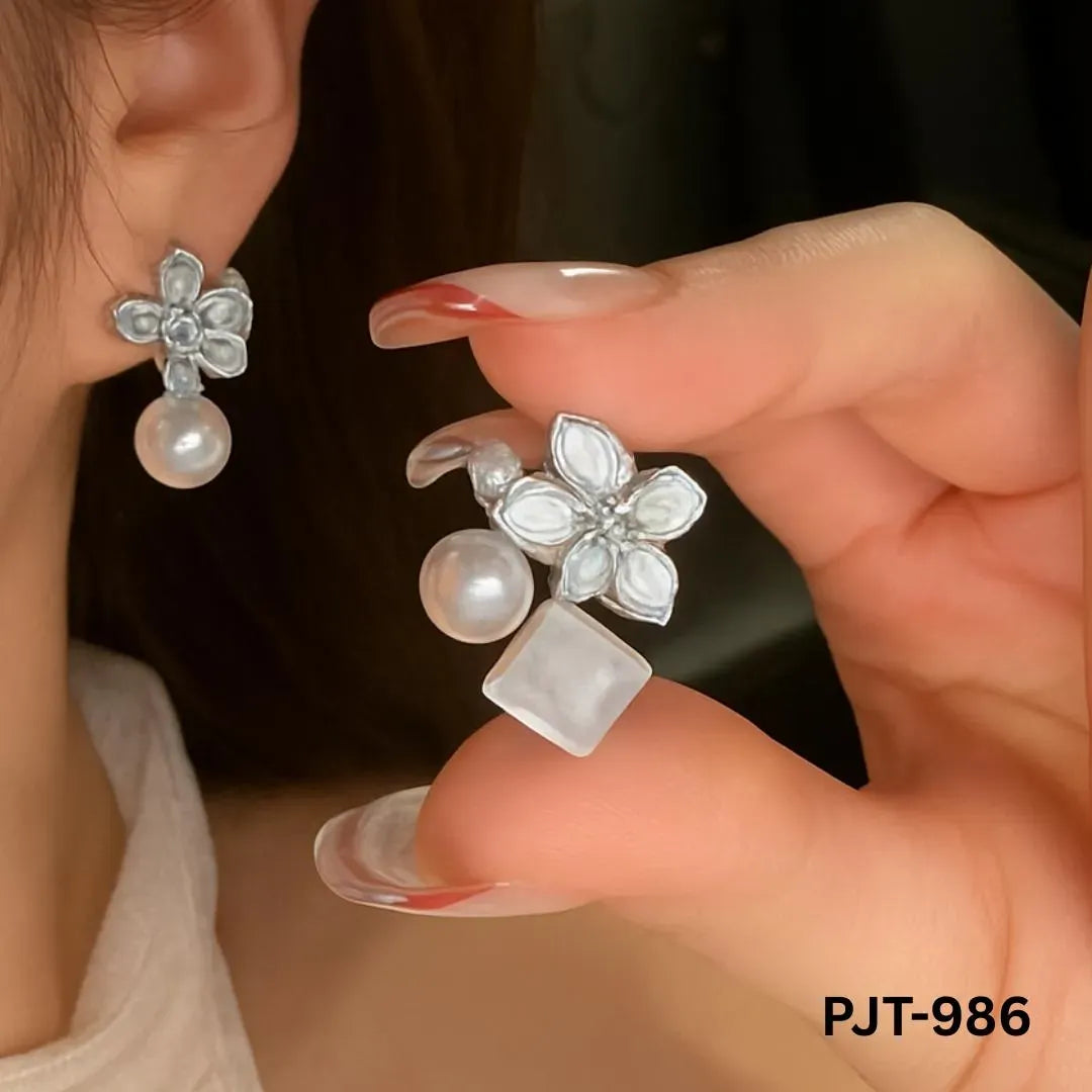 Women Floral Crystal Earrings Pink Blue Silver 2Pcs