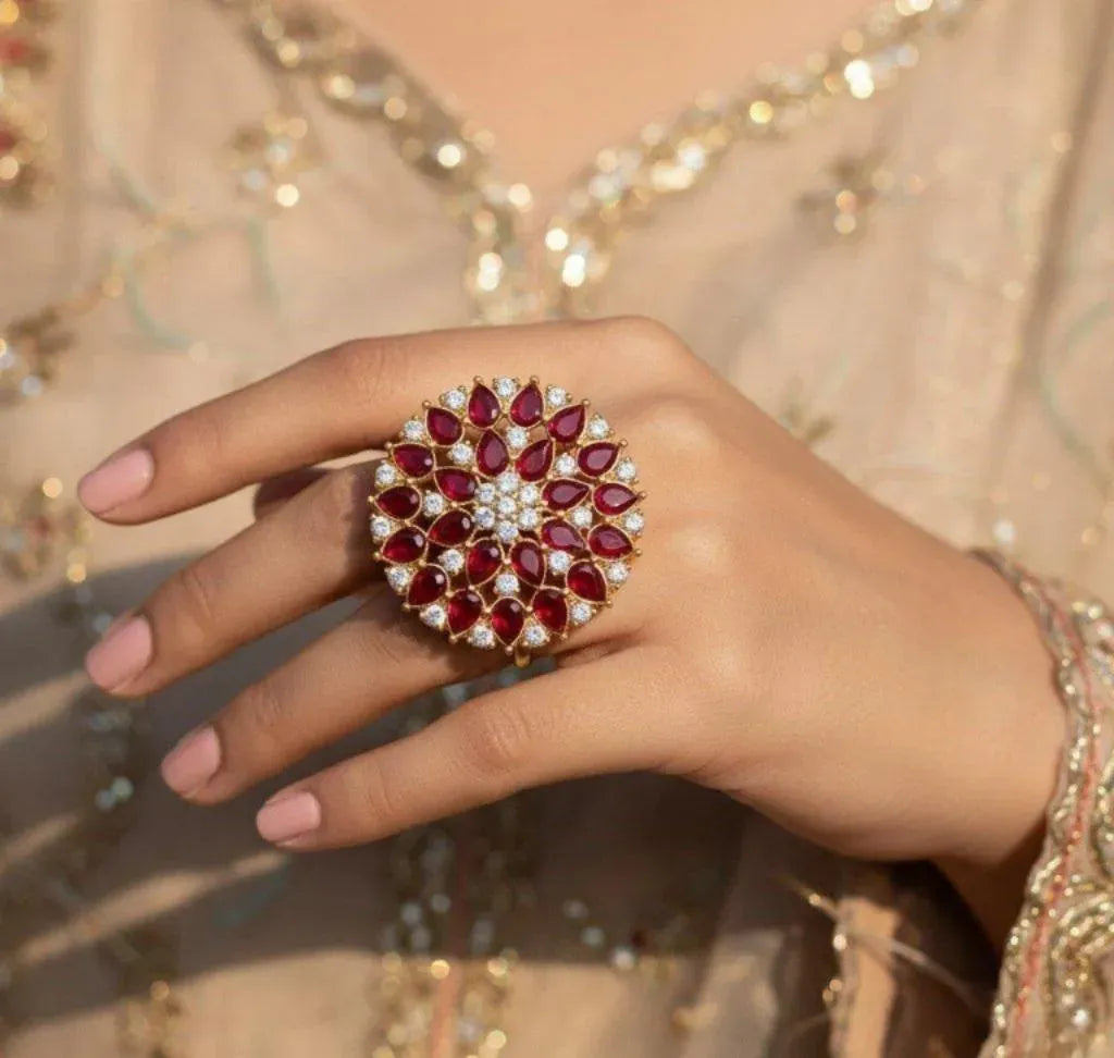 Gold Plated Maroon Crystal Adjustable Ring