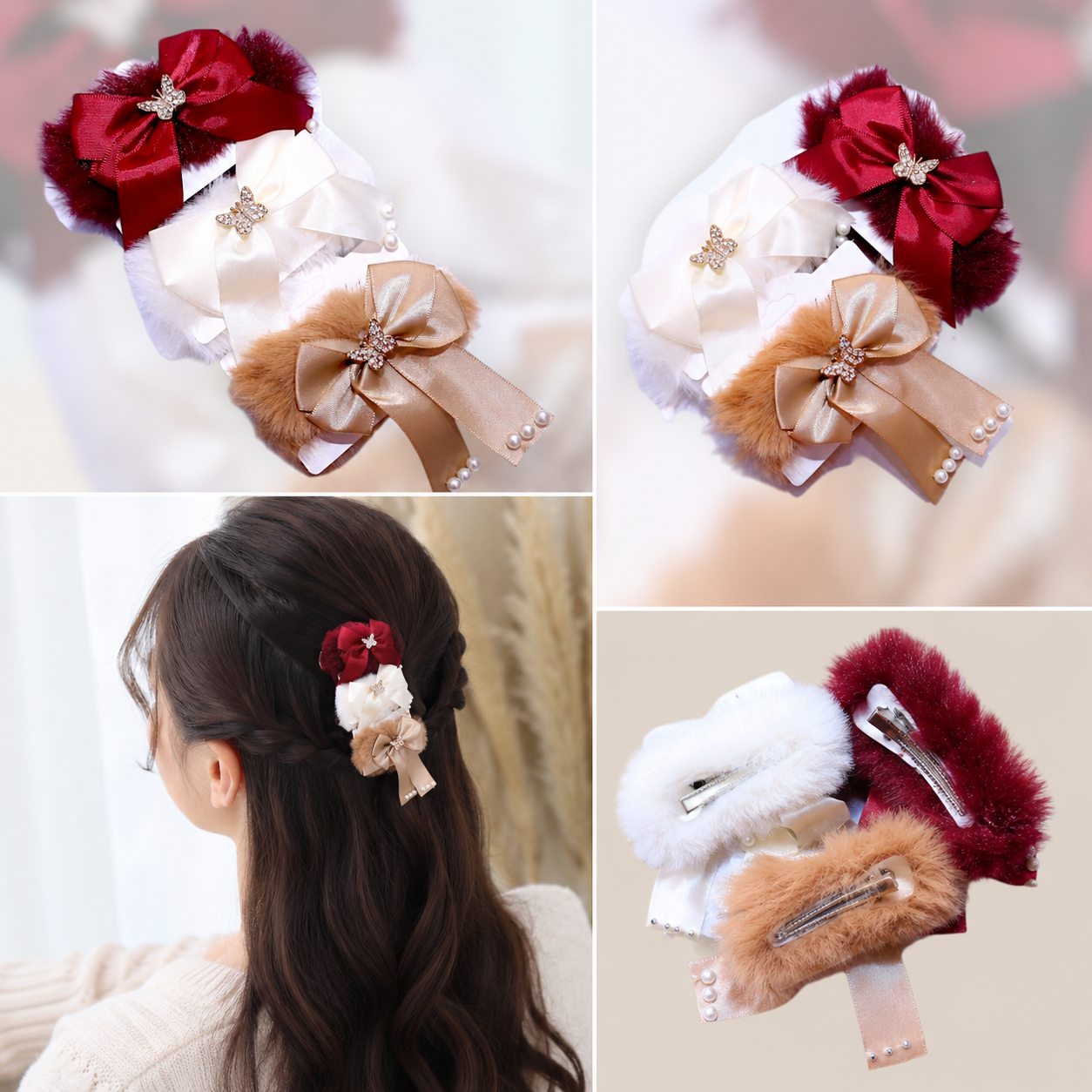 3 Pcs Hair Ponies Red White Gold Butterfly Pearl