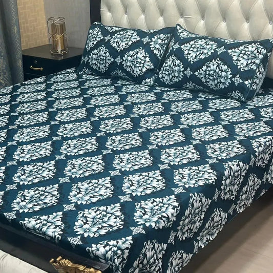 Crystal Cotton Floral Bedsheet Set Green White Double Bed