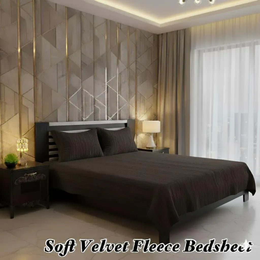 Brown Velvet Fleece Double Bedsheet Set 3 Pcs