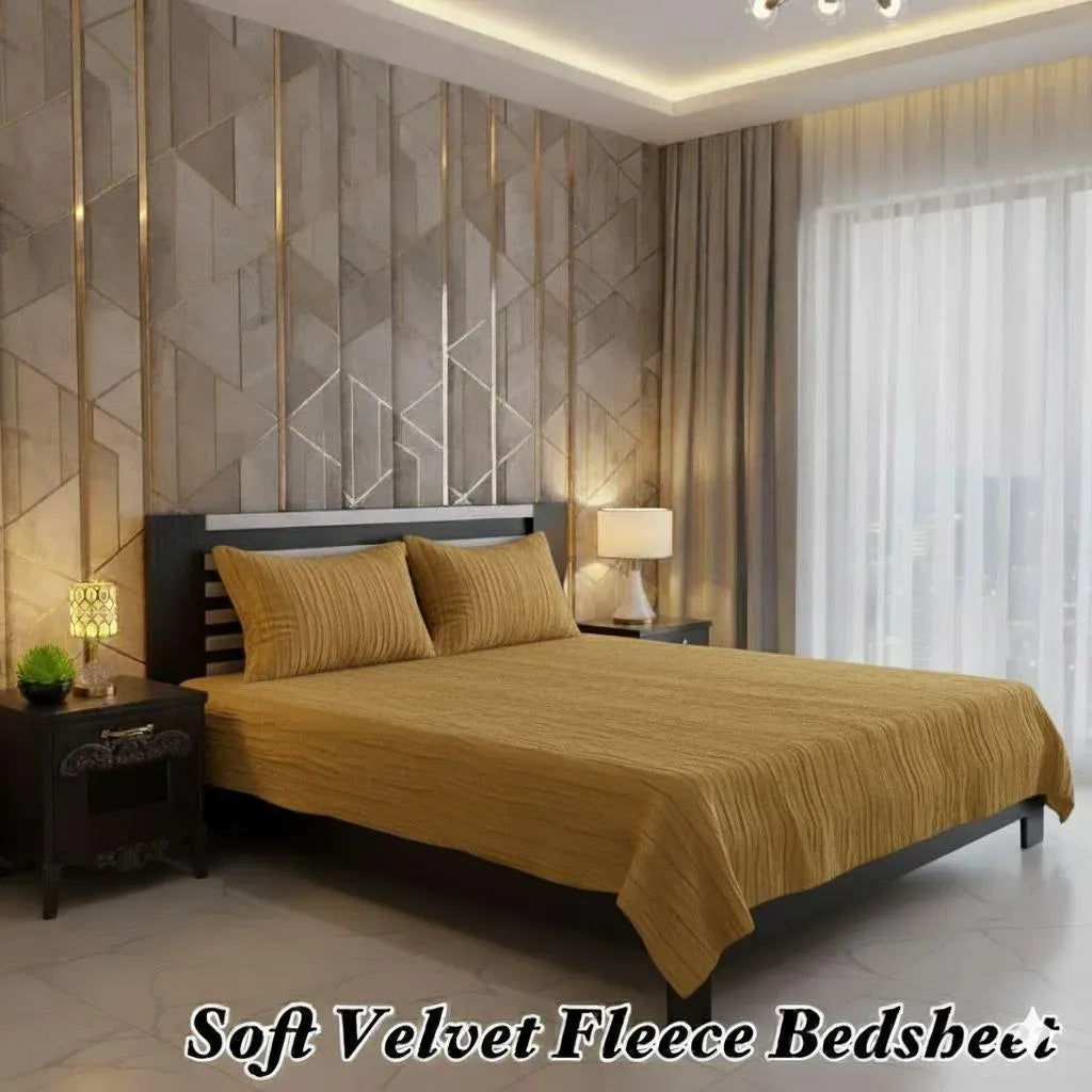 Soft Velvet Fleece Bedsheet Golden 3-Piece Set