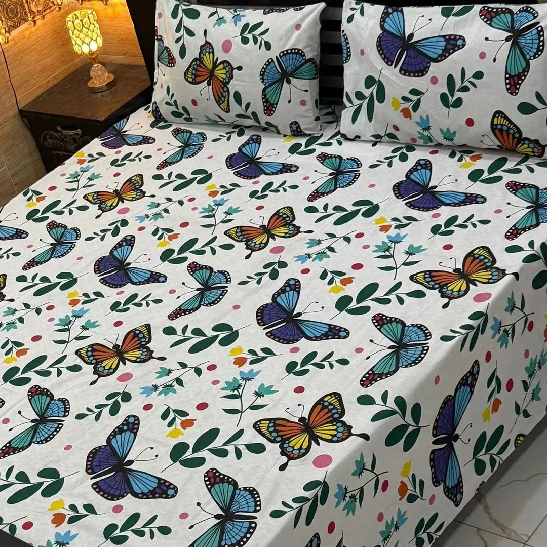 Cotton Butterfly Bedsheet Set White Green 3Pc