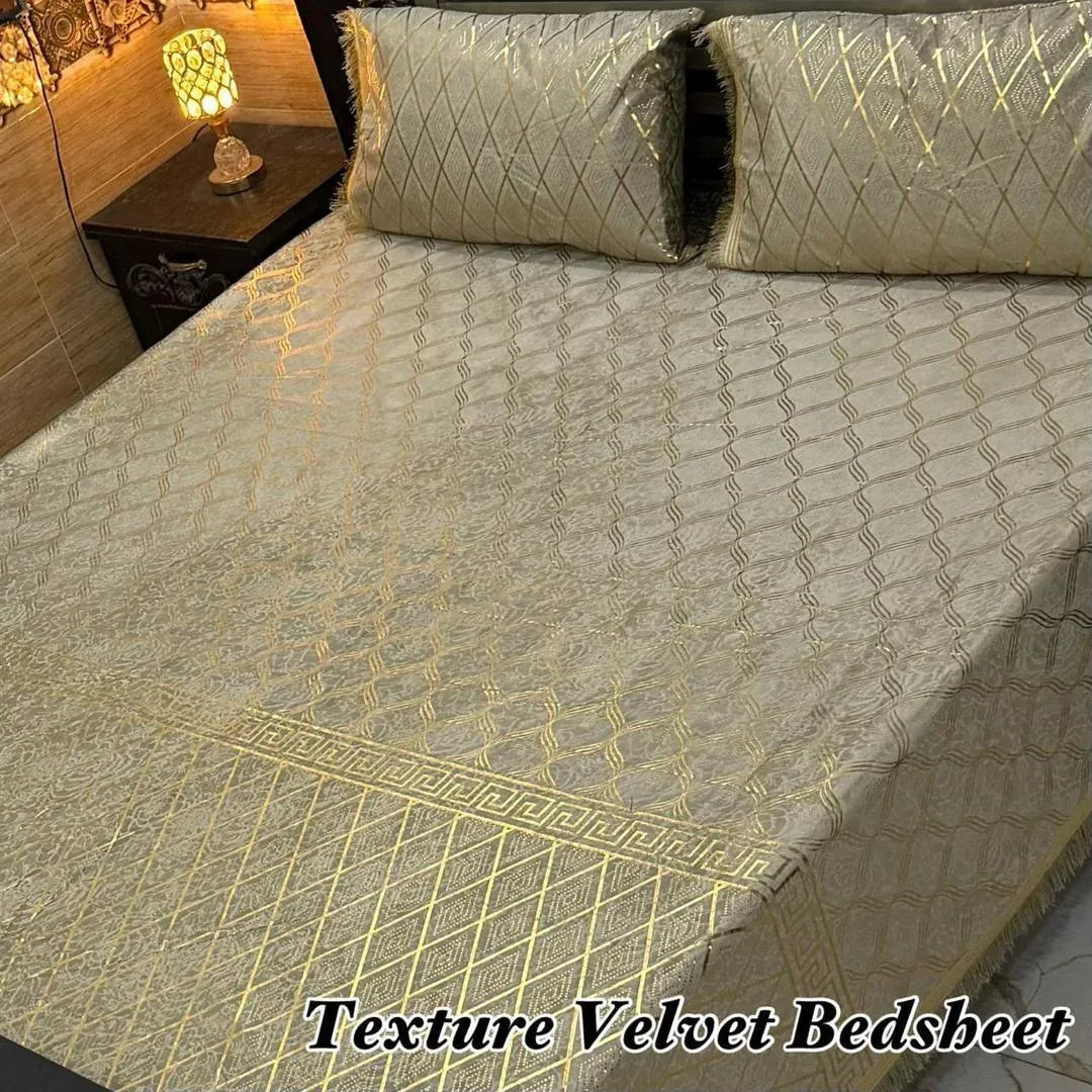 Luxury Velvet Textured Bedsheet Set Grey Gold Double Bed