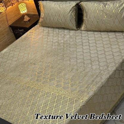 Luxury Velvet Textured Bedsheet Set Grey Gold Double Bed