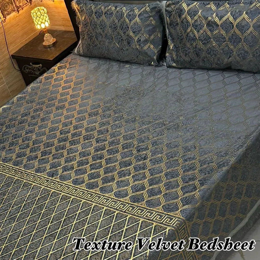 Luxury Velvet Textured Bedsheet Set Grey Gold Double Bed