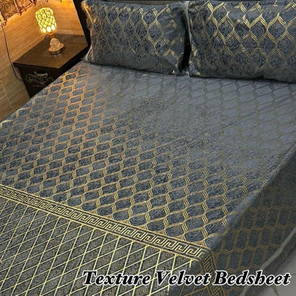 Luxury Velvet Textured Bedsheet Set Grey Gold Double Bed