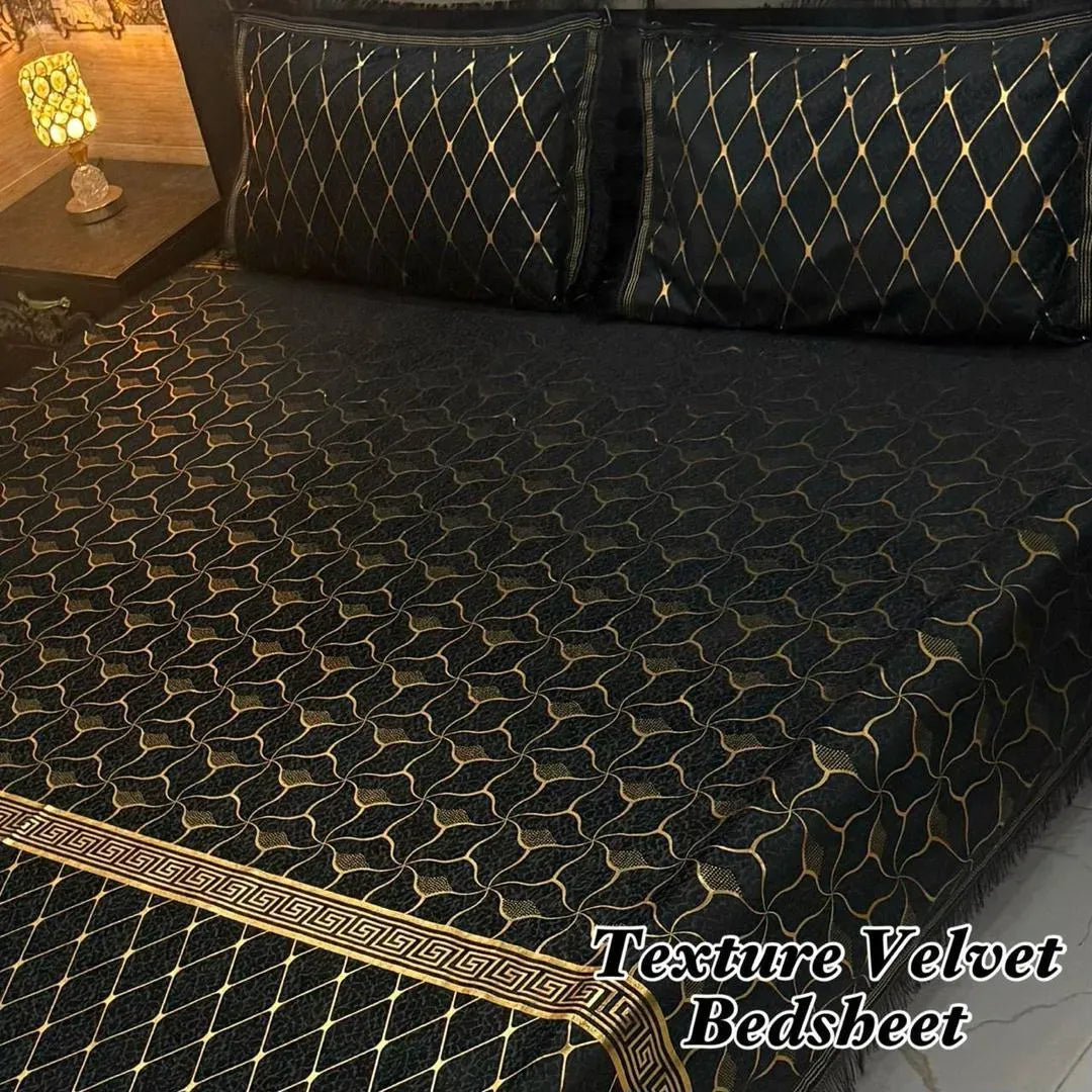 Luxury Velvet Textured Bedsheet Set Grey Gold Double Bed