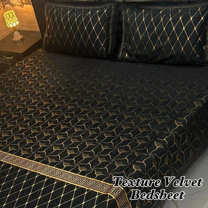 Luxury Velvet Textured Bedsheet Set Grey Gold Double Bed