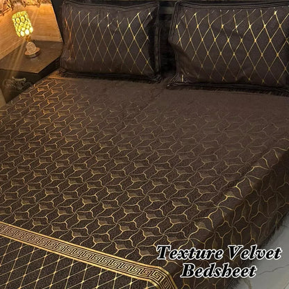 Luxury Velvet Textured Bedsheet Set Grey Gold Double Bed