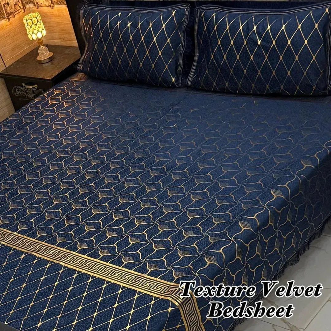 Luxury Velvet Textured Bedsheet Set Grey Gold Double Bed