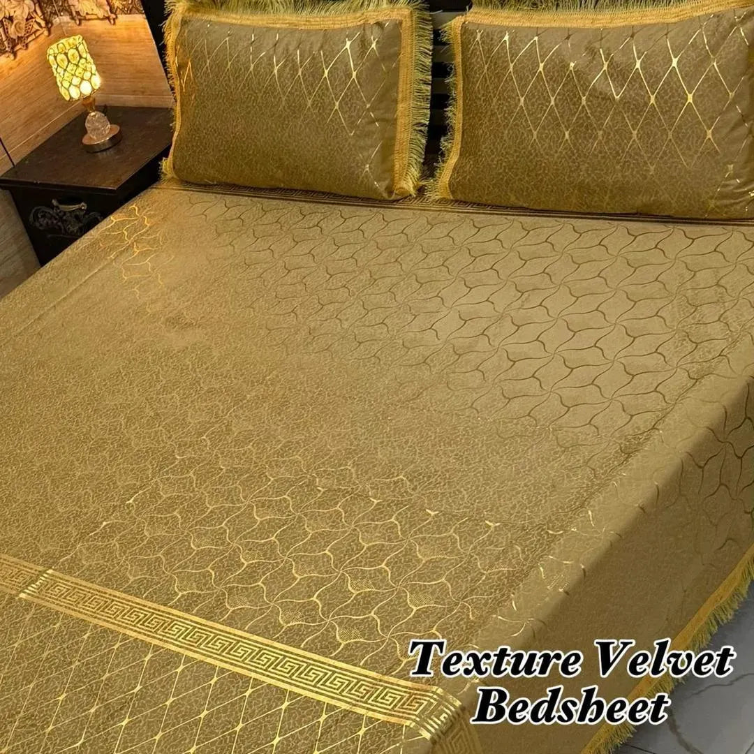 Luxury Velvet Textured Bedsheet Set Grey Gold Double Bed