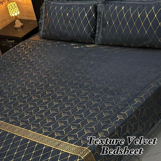 Luxury Velvet Textured Bedsheet Set Grey Gold Double Bed