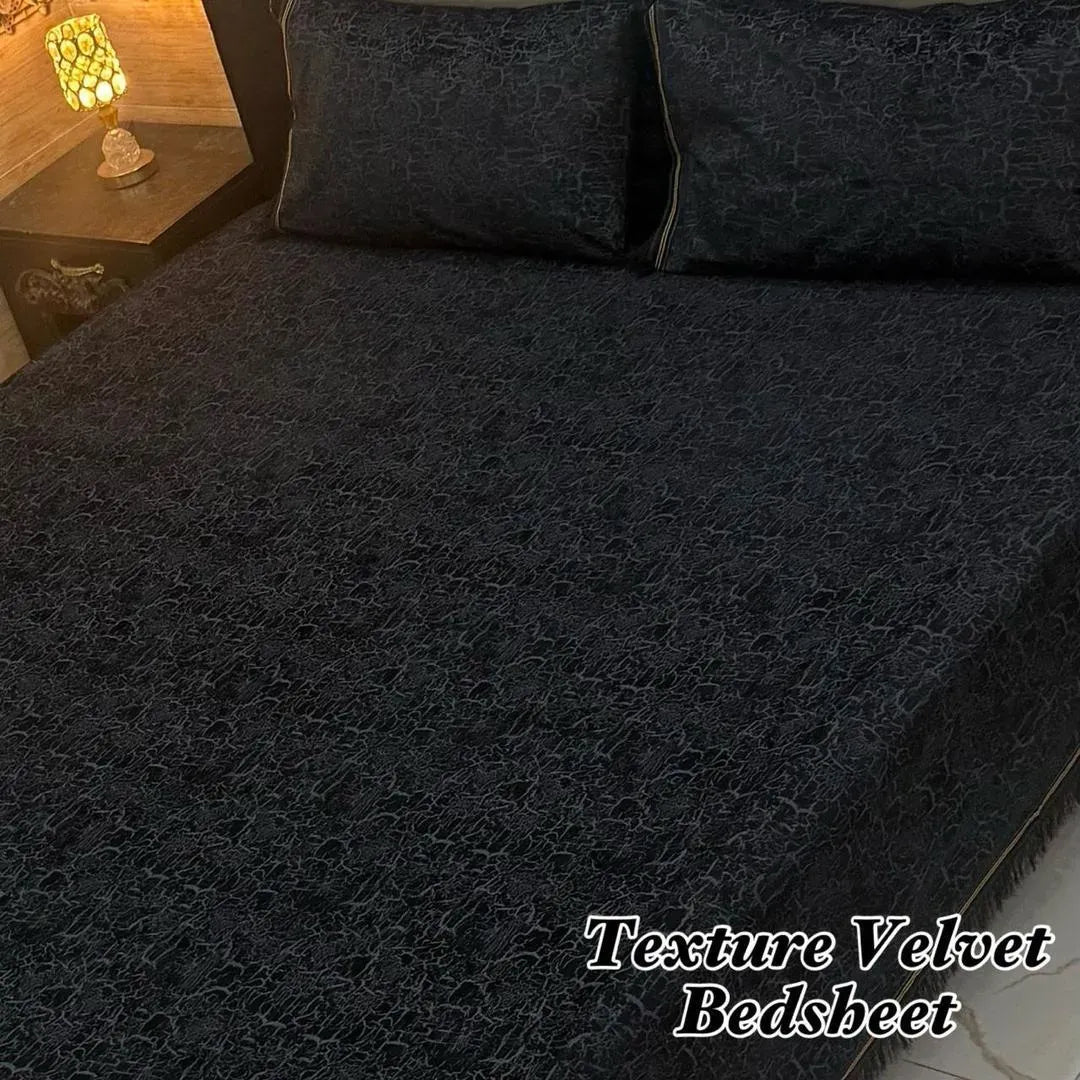 Black Velvet Textured 3Pcs Double Bedsheet Set