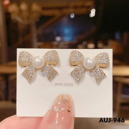 Bow Earrings Gold Pearl Sparkling Zircon S925