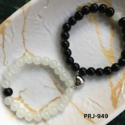 Magnetic Heart Bracelet Set Black White Glass Beads