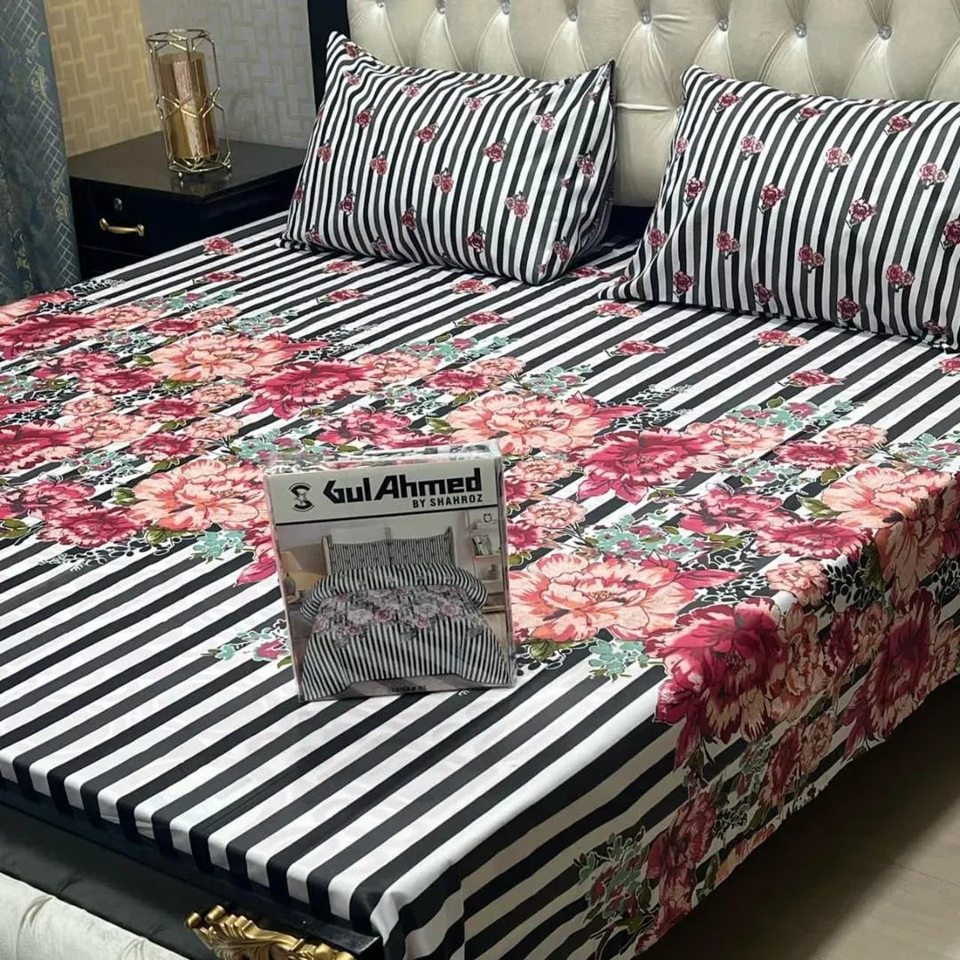Double Bed Cotton Floral Striped Bedsheet Set