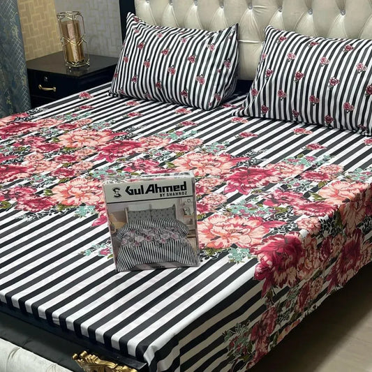 Double Bed Cotton Floral Striped Bedsheet Set