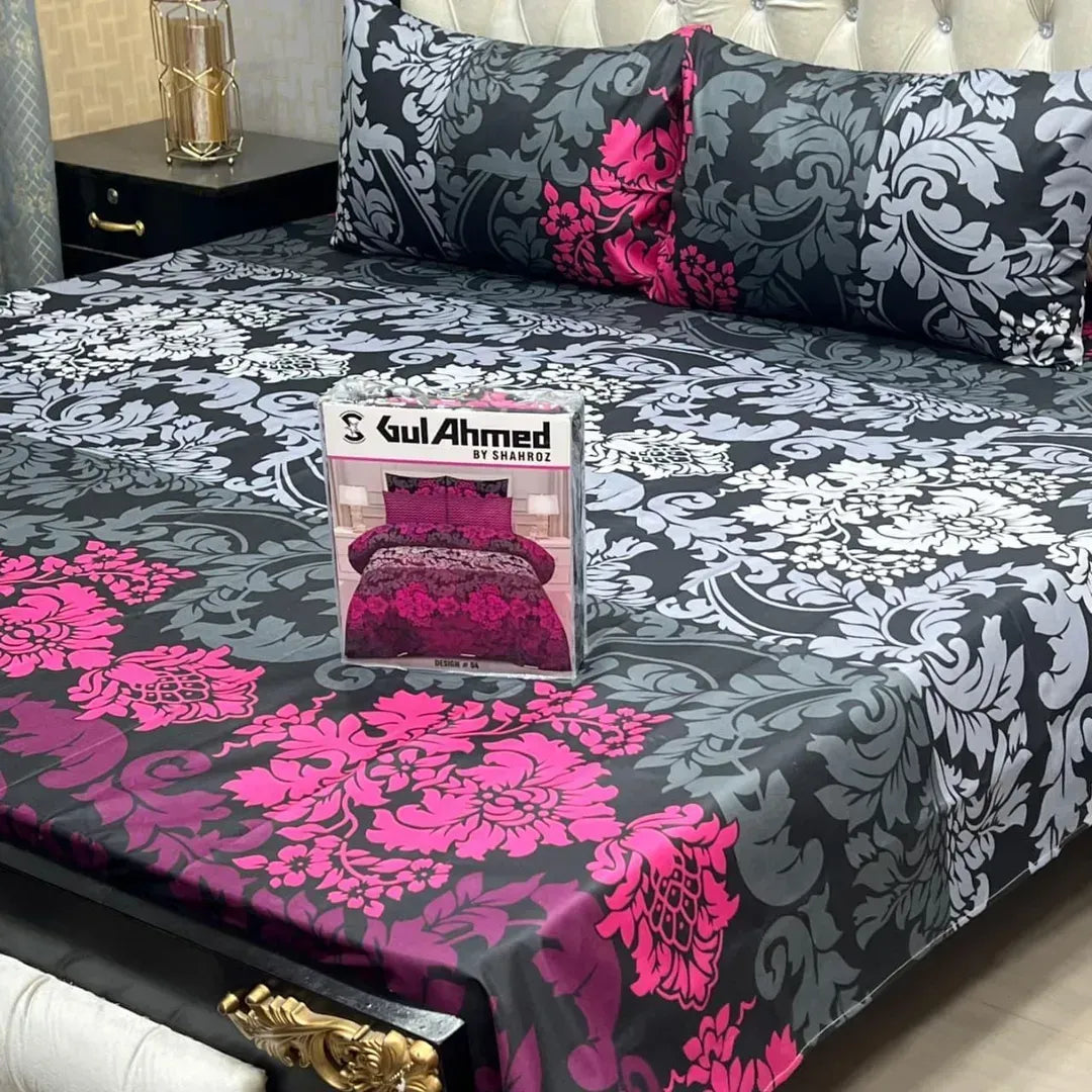 Cotton Printed Bedsheet Set Black Double Bed 3 Pcs