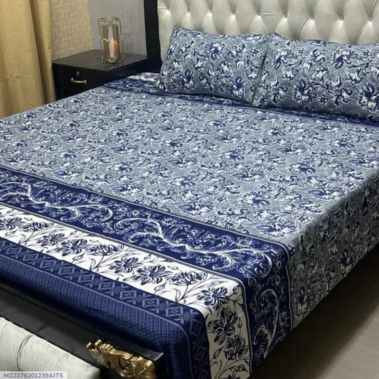 Blue Crystal Cotton Double Bedsheet Set 3 Pcs
