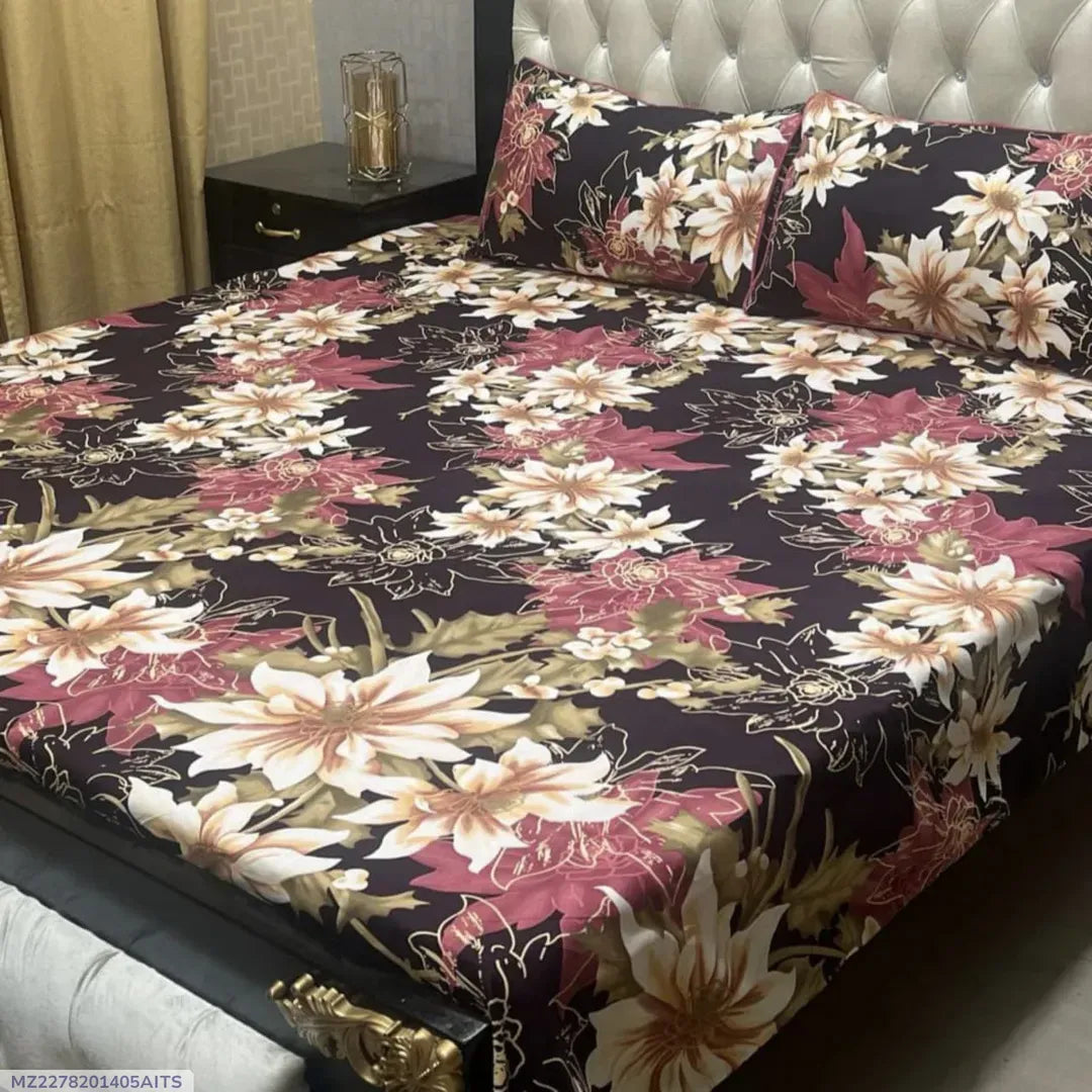 Crystal Cotton Printed Double Bedsheet Black 3 Pcs Set
