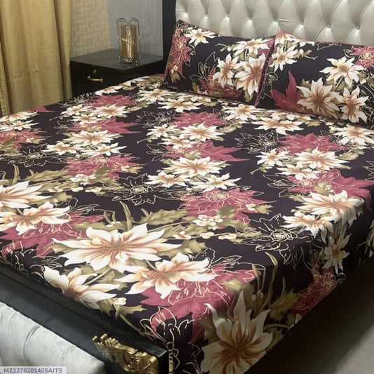 Crystal Cotton Printed Double Bedsheet Black 3 Pcs Set