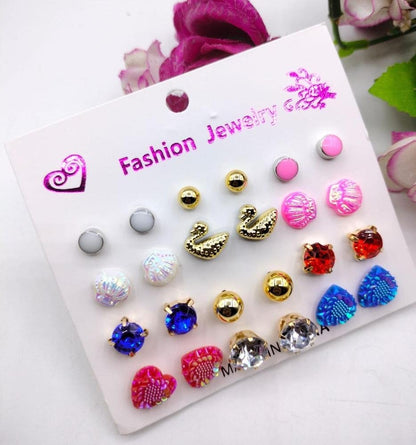 Artificial Stone Ear Studs for Women - 12 Pairs, Gold Swans & Gems