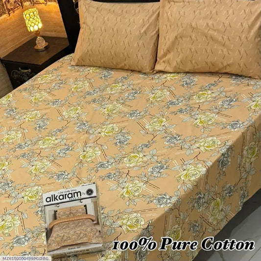 100% Pure Cotton Printed Bedsheet Set Yellow Double Bed