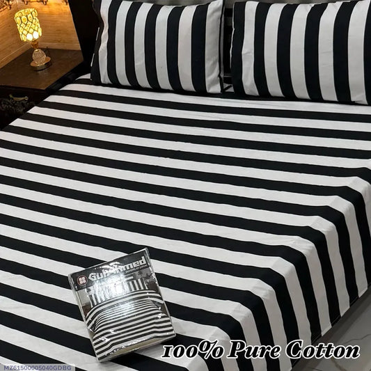 Double Bed Striped Cotton Bedsheet Set Black 3 Pcs
