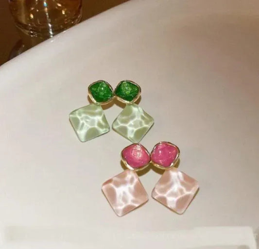 Gold Plated Earrings Green Pink Lightweight Wedding Party Earrings