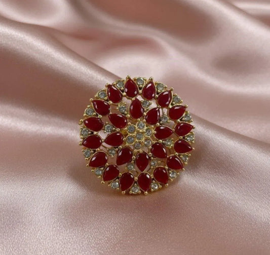 Gold Plated Maroon Crystal Adjustable Ring