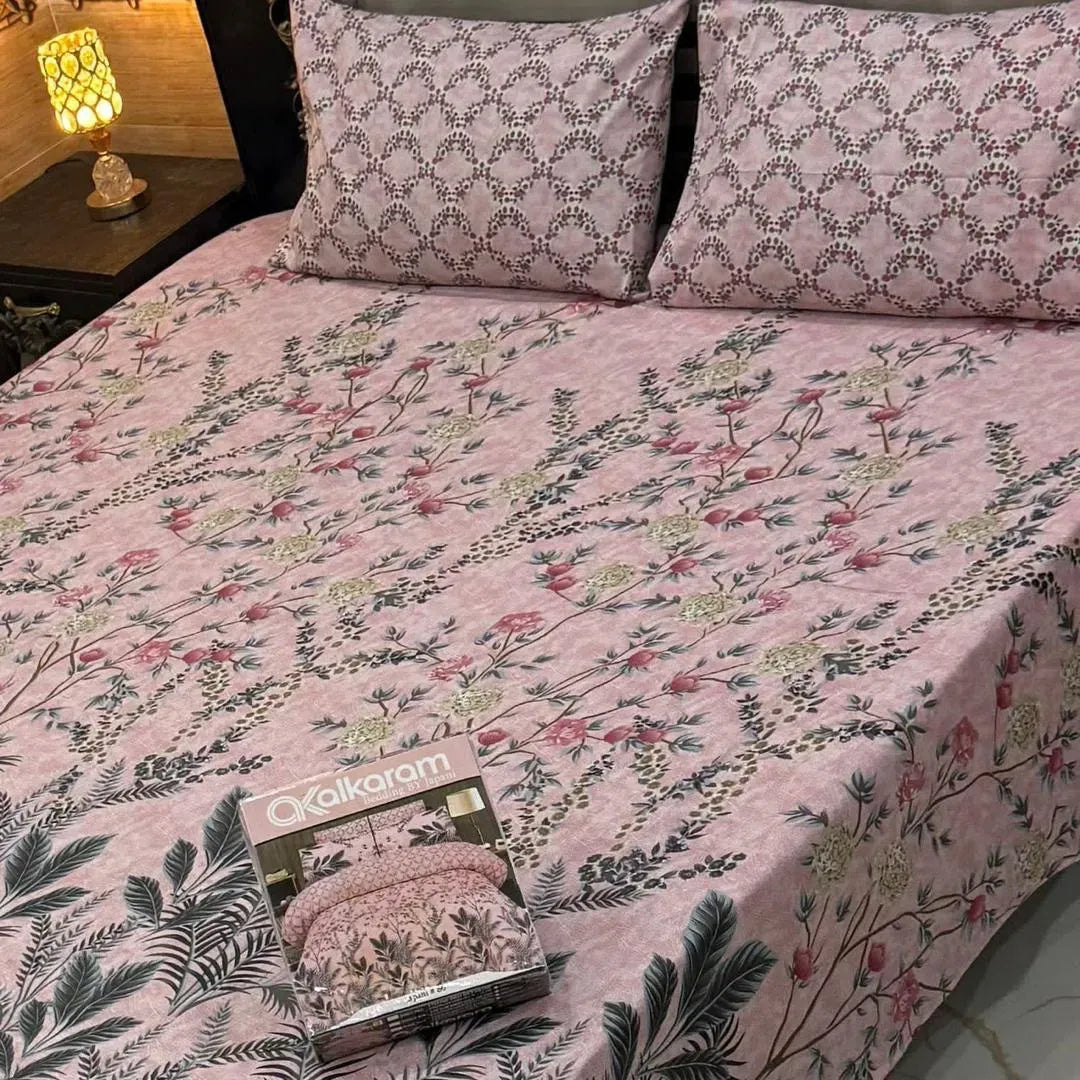 Pink Floral Mix Cotton Double Bedsheet Set with Pillow Covers