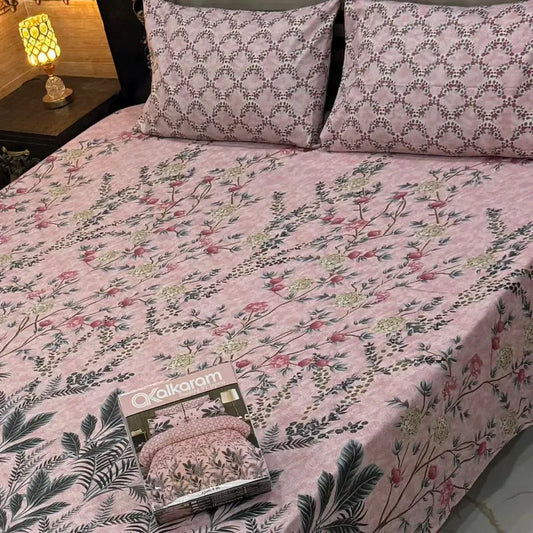 Pink Floral Mix Cotton Double Bedsheet Set with Pillow Covers